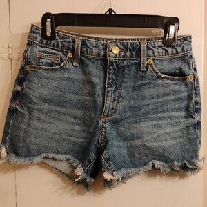 Blue Distressed Jean Shorts with Frayed Hem